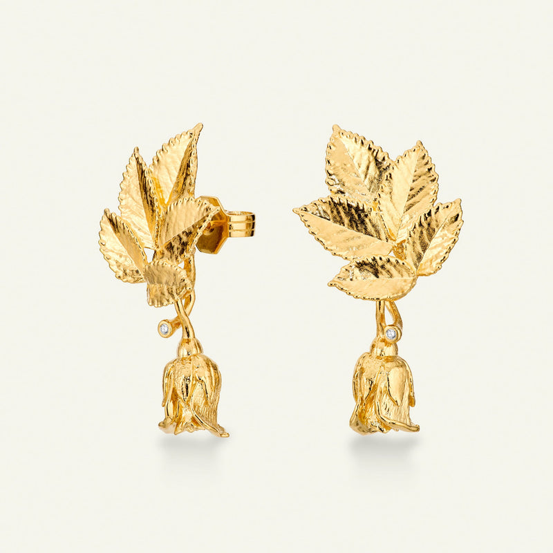 Rosenblad øreringe med aftagelige roser og diamanter, forgyldt