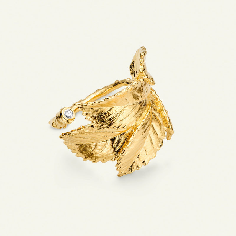 Rosenblad statement ring med diamant, forgyldt