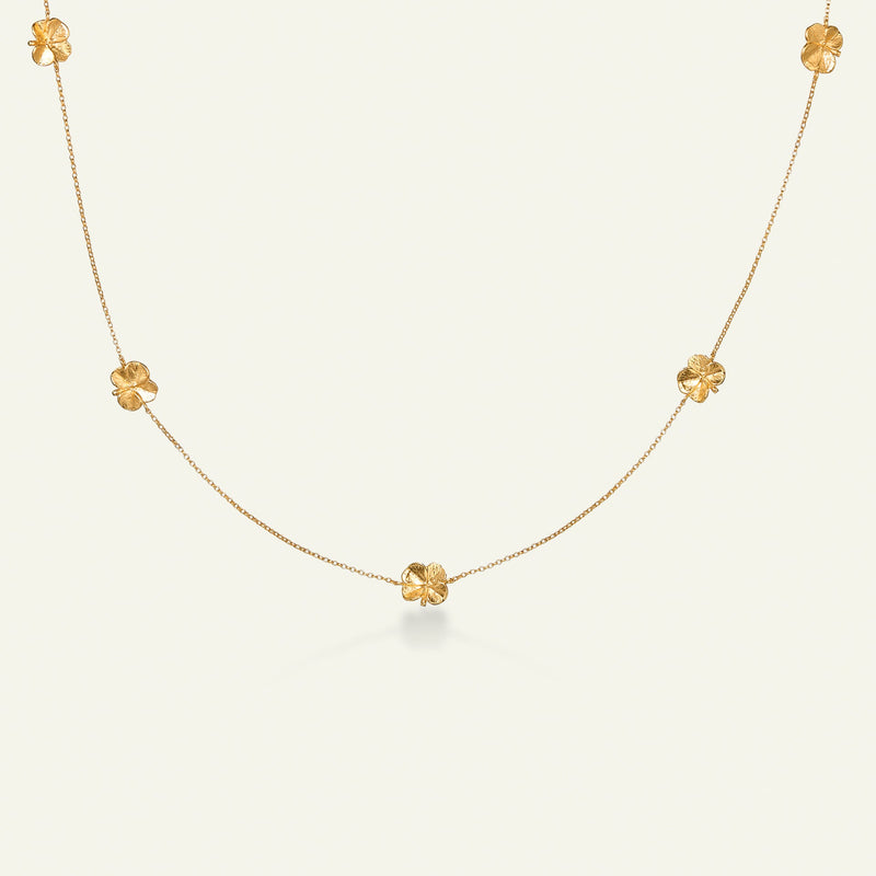 Firkløver halskæde med fem forgyldte kløvere, forgyldt