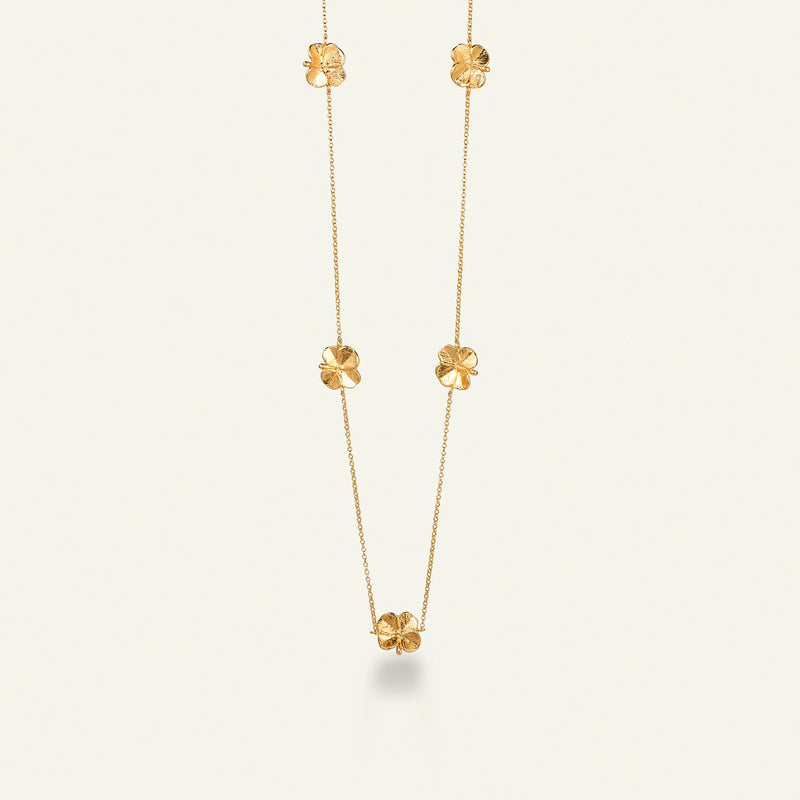 Firkløver halskæde med fem forgyldte kløvere, forgyldt